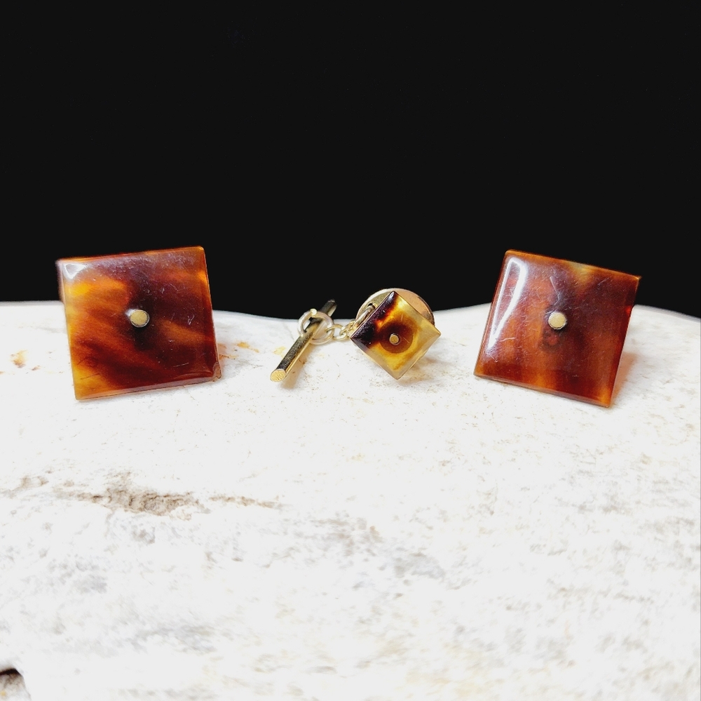 Mid Century Tortoise Shell Cufflink and Tie Pin Set